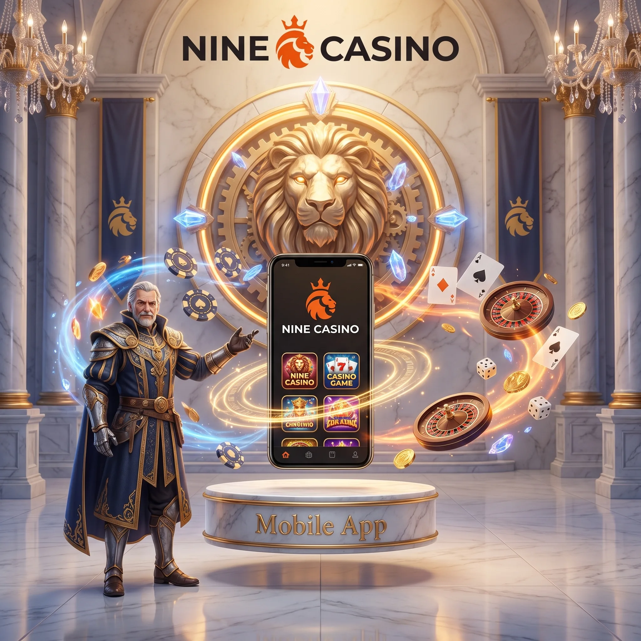 Nine Casino mobile app displayed on a phone in the royal hall